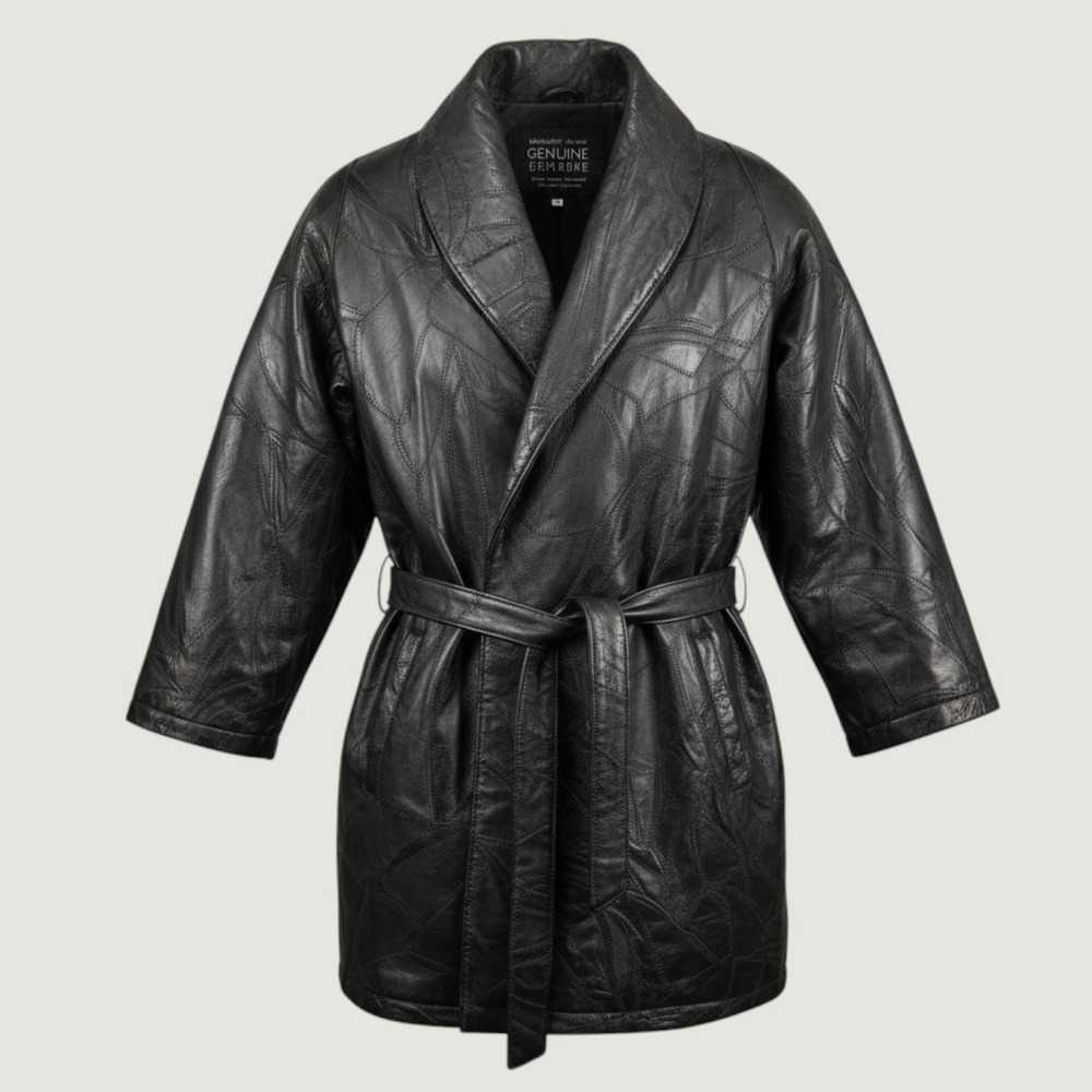 MAXAM Leather Jacket Mens XL Black Italian Mosaic Lambskin Belted Coat